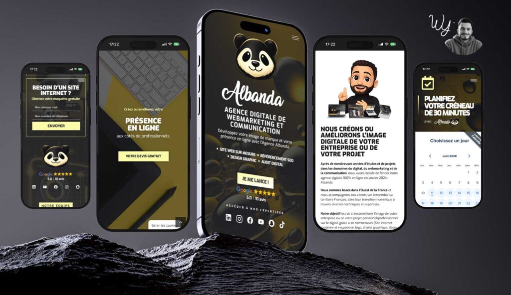 Image avec des captures d'écrans d'un iphone en mockup, affichant le site internet d'Albanda créé par Mathieu Betton, webdesigner à Nantes