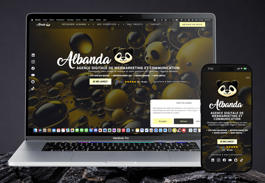 Image d'un Mockup de Mac et iPhone affichant la page d'accueil du site web responsive de Albanda, créé par Mathieu Betton, webdesigner à Nantes