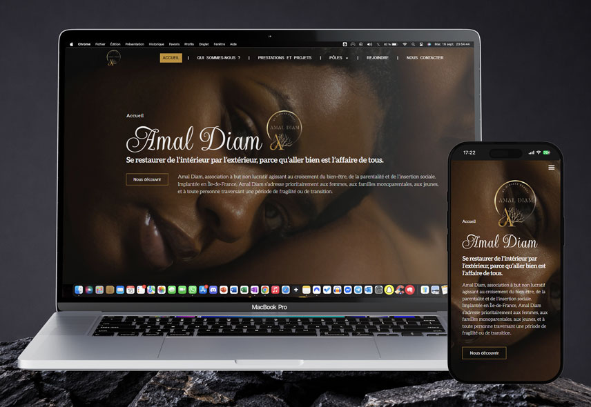 Image d'un Mockup de Mac et iPhone affichant la page d'accueil du site web responsive de l'association AmalDiam, créé par Mathieu Betton, webdesigner à Nantes