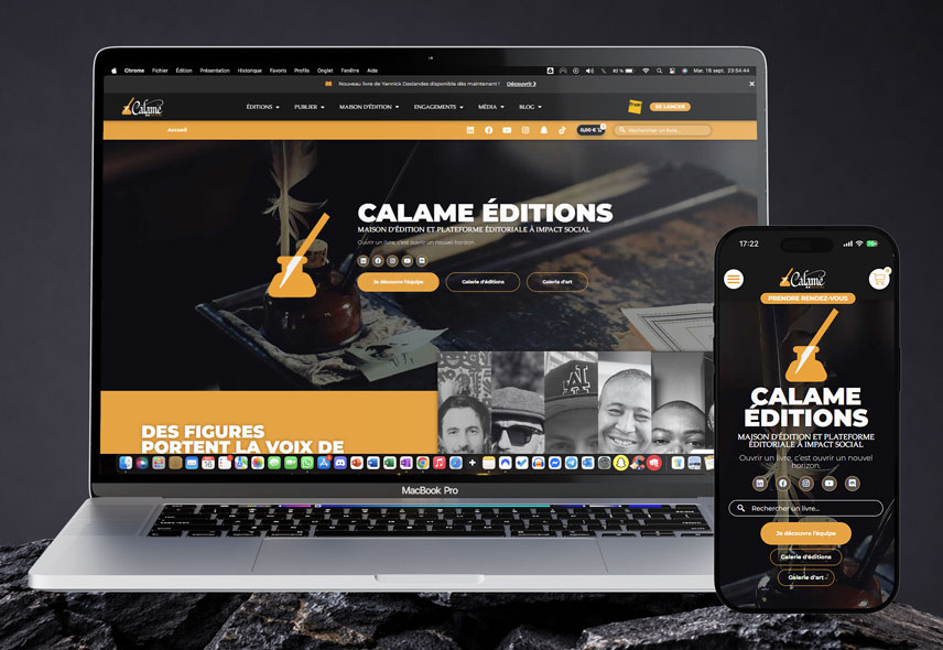 Image d'un Mockup de Mac et iPhone affichant la page d'accueil du site web responsive de Calame Éditions, créé par Mathieu Betton, webdesigner à Nantes