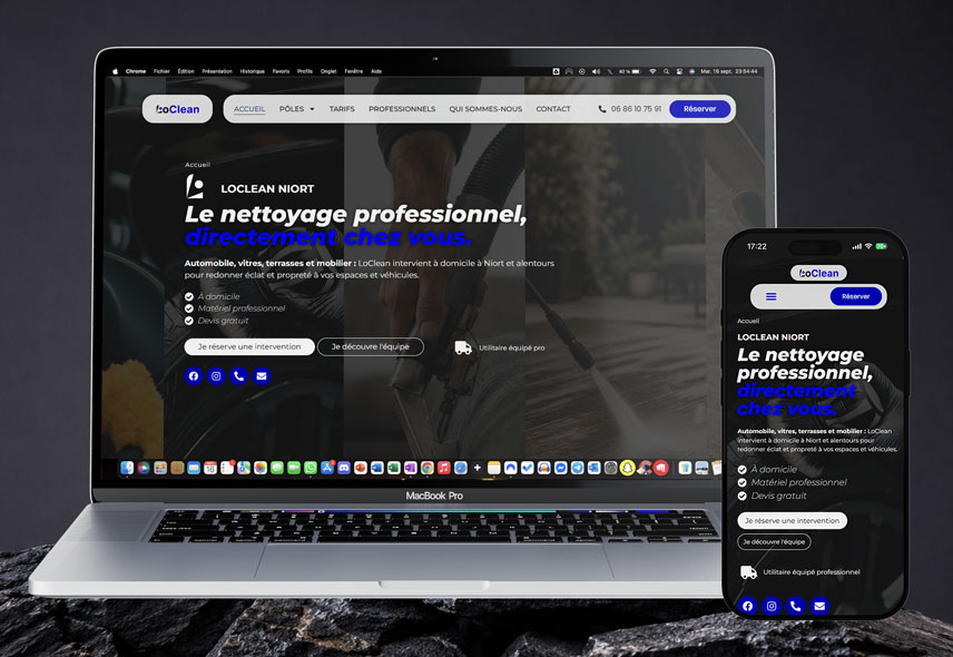 Image d'un Mockup de Mac et iPhone affichant la page d'accueil du site web responsive de LoClean, créé par Mathieu Betton, webdesigner à Nantes