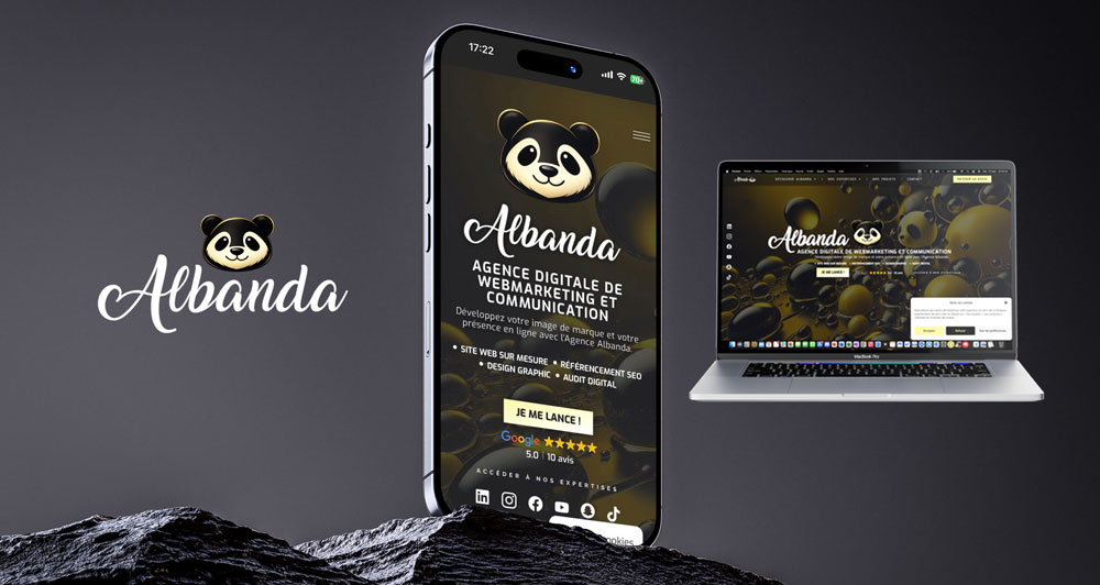 Mockup du site internet Albanda réalisé par Mathieu Betton, webdesigner à Nantes, présentant le logo et l'accueil sur iPhone et MacBook.