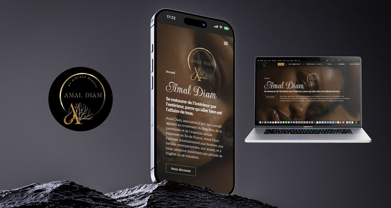 Mockup du site internet Amal Diam réalisé par Mathieu Betton, webdesigner à Nantes, présentant le logo et l'accueil sur iPhone et MacBook