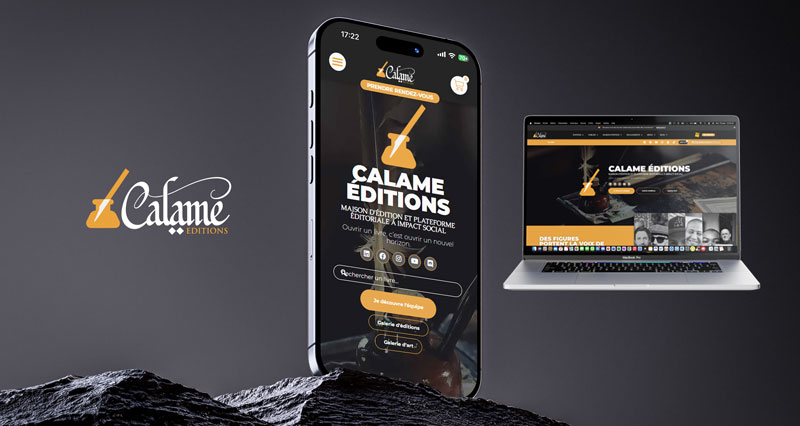 Mockup du site internet Calame Éditions réalisé par Mathieu Betton, webdesigner à Nantes, présentant le logo et l'accueil sur iPhone et MacBook