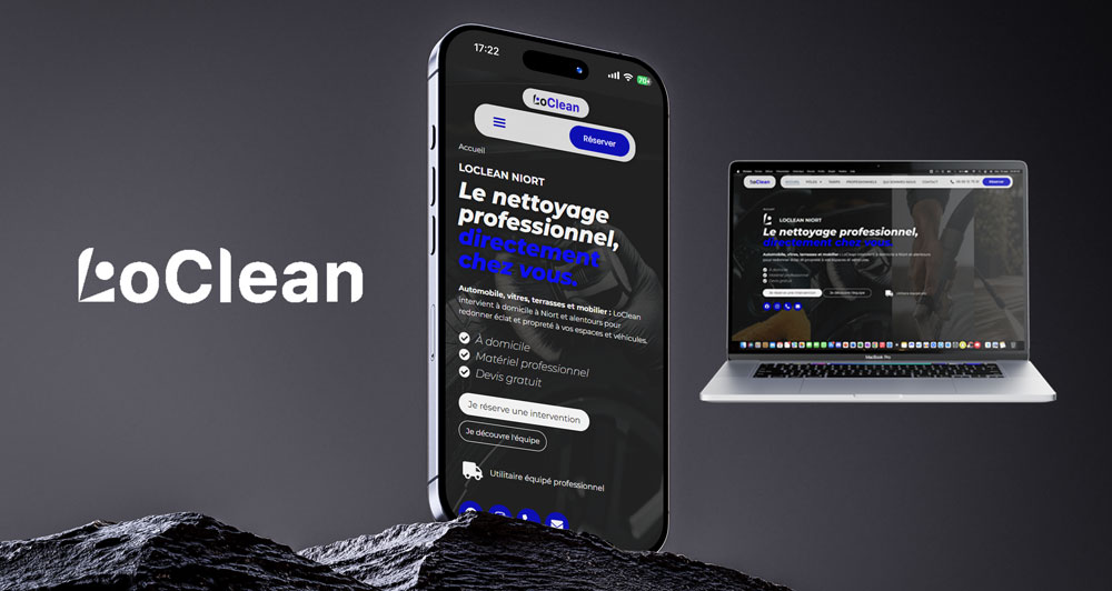 Mockup du site internet LoClean réalisé par Mathieu Betton, webdesigner à Nantes, présentant le logo et l'accueil sur iPhone et MacBook