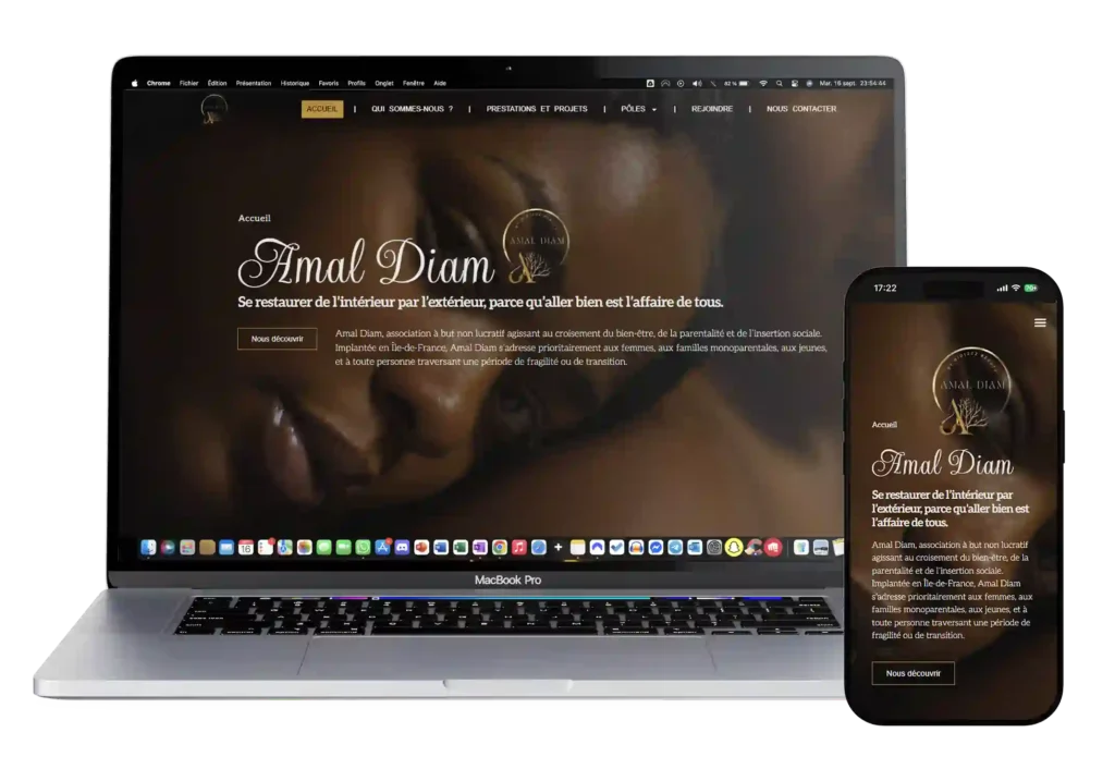 Image d'un Mockup de Mac et iPhone affichant la page d'accueil du site web responsive d'Amal Diam, créé par Mathieu Betton, webdesigner à Nantes