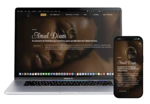 Image d'un Mockup de Mac et iPhone affichant la page d'accueil du site web responsive d'Amal Diam, créé par Mathieu Betton, webdesigner à Nantes