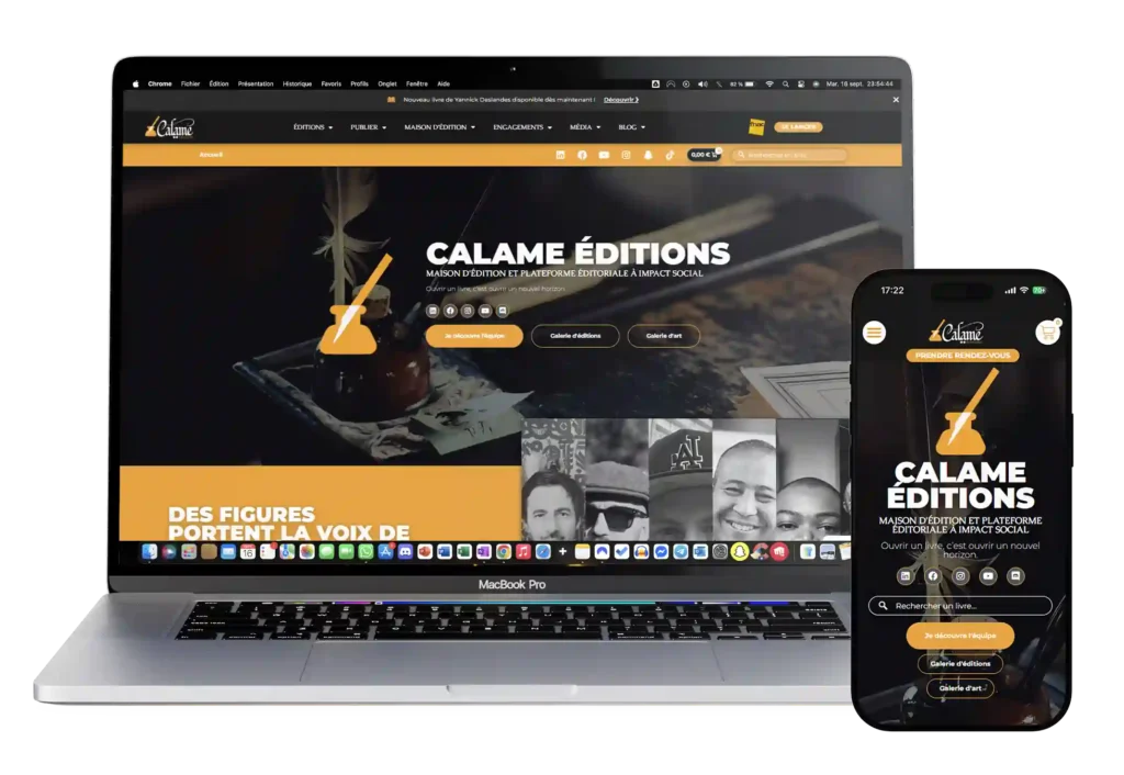 Image d'un Mockup de Mac et iPhone affichant la page d'accueil du site web responsive de Calame Éditions, créé par Mathieu Betton, webdesigner à Nantes
