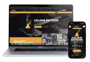 Image d'un Mockup de Mac et iPhone affichant la page d'accueil du site web responsive de Calame Éditions, créé par Mathieu Betton, webdesigner à Nantes