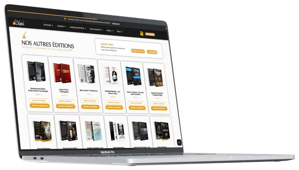Image d'un Mockup de Mac et iPhone affichant la page d'accueil du site web responsive de Calame Éditions, créé par Mathieu Betton, webdesigner à Nantes