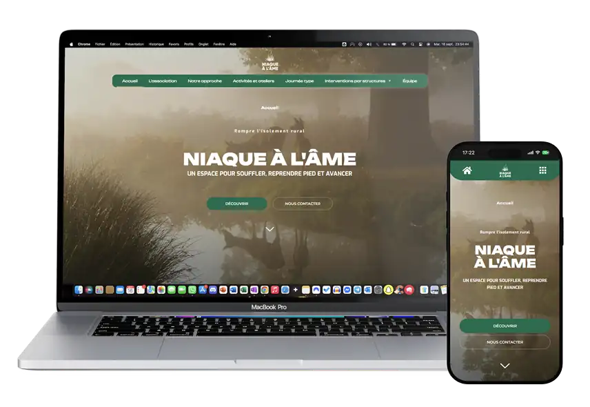 Mockup du site vitrine de l'association Niaque à l'Âme réalisé par Mathieu Betton, webdesigner à Nantes