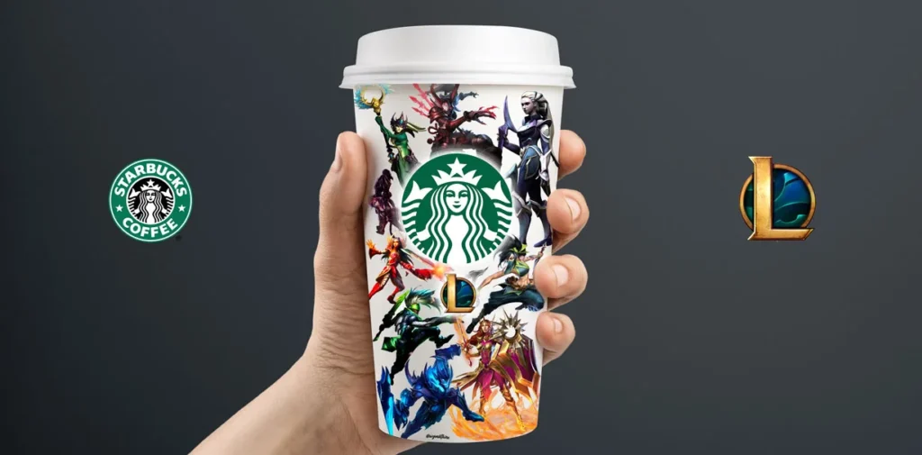 Exemple de réalisation graphique de Mathieu Betton à l'occasion d'un workshop étudiant. On y voit le logo Starbuck, League of Legends avec un mockup designé avec des personnages de League of Legends