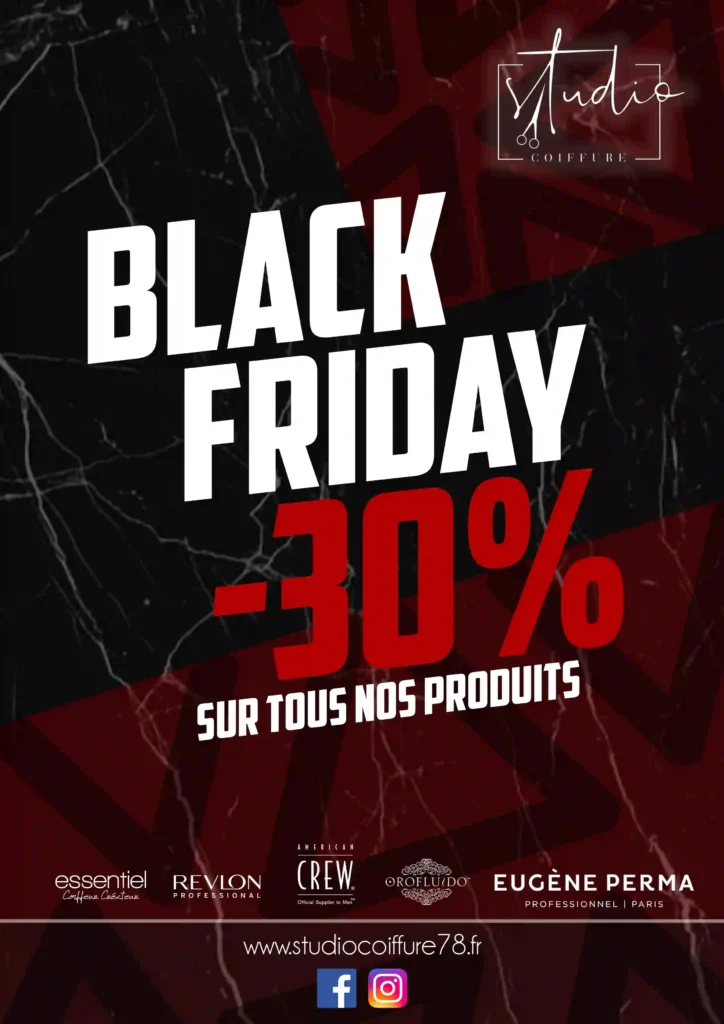 Affiche promotionnelle Black Friday pour Studio Coiffure réalisée par Mathieu Betton, graphiste